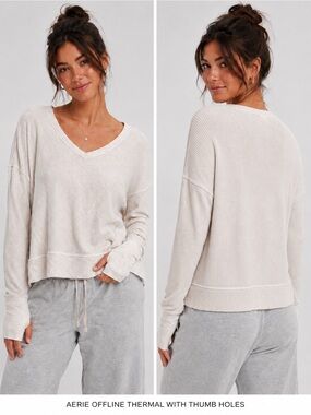 aerie Cream Waffle V-Neck Thermal Top